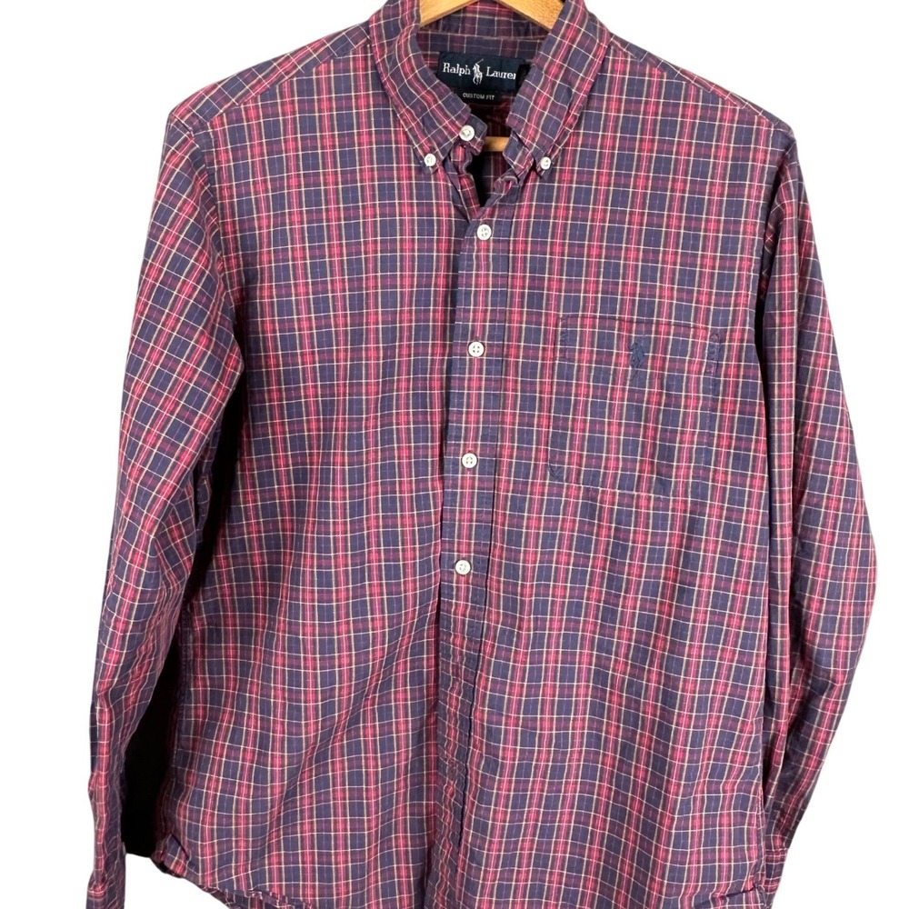 Ralph Lauren Mens Plaid Button Down Shirt Custom Fit Navy Red Medium